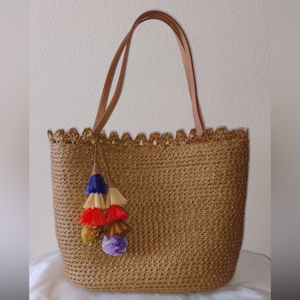 Eric Javits Woven Straw Tote Bag with Colorful Tassel Charm - Natural Brown NWOT